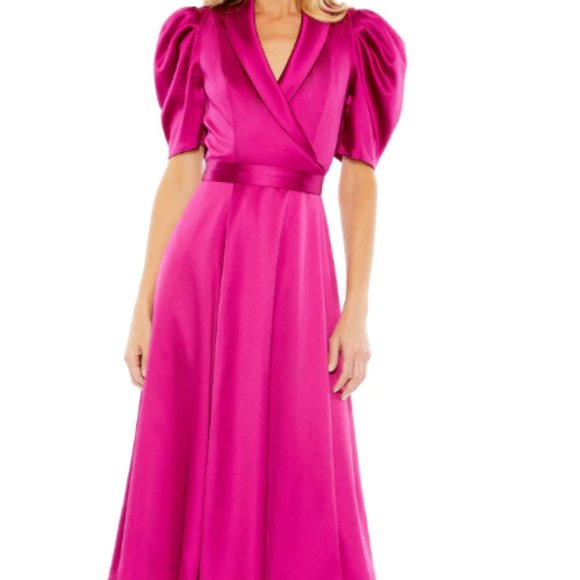 MAC DUGGAL SATIN LAPEL PUFF SHORT SLEEVE TEA LENGTH HOT PINK MIDI DRESS sz 4